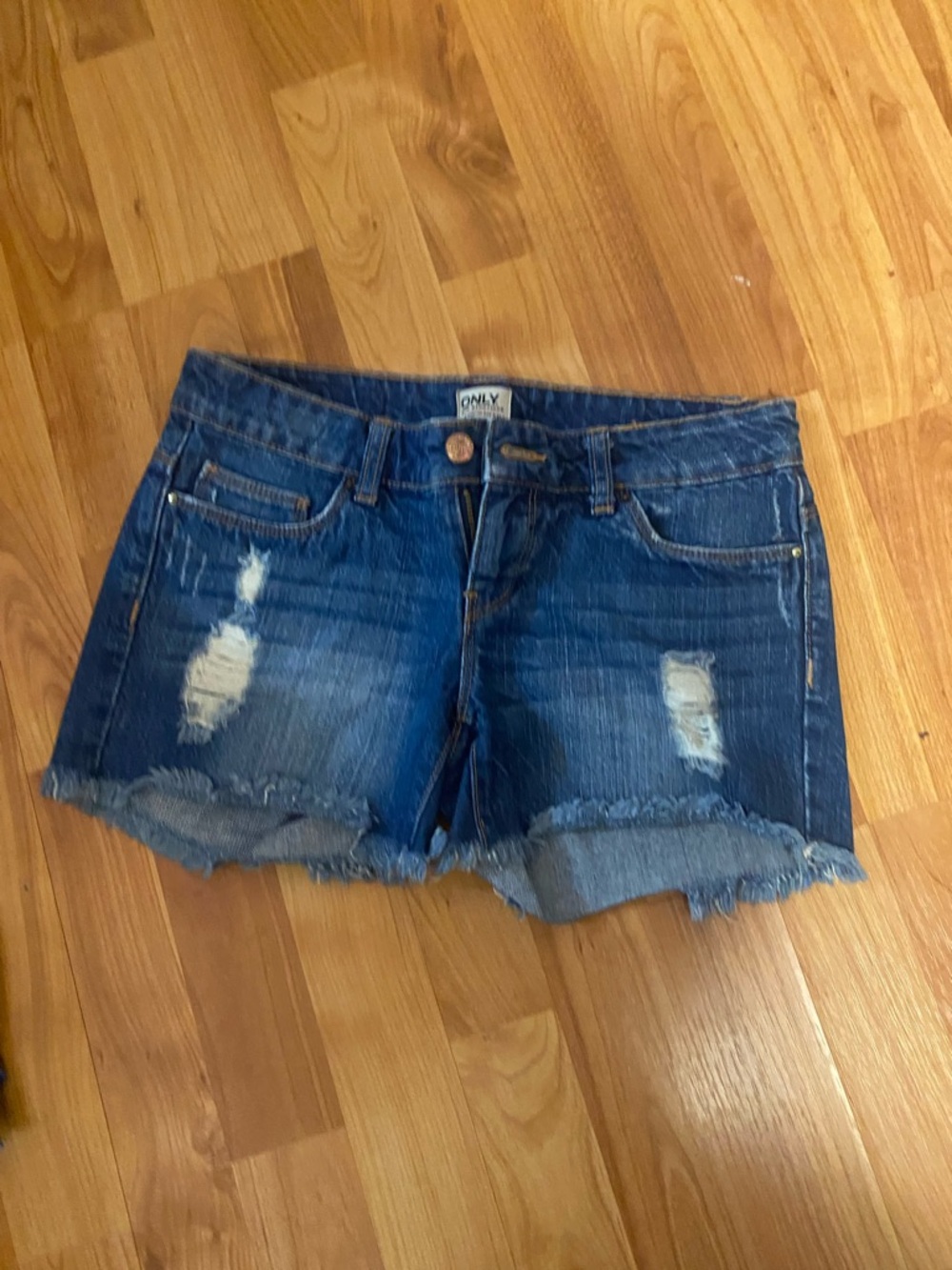 ONLY Distressed Dark Blue Denim Cutoff Shorts